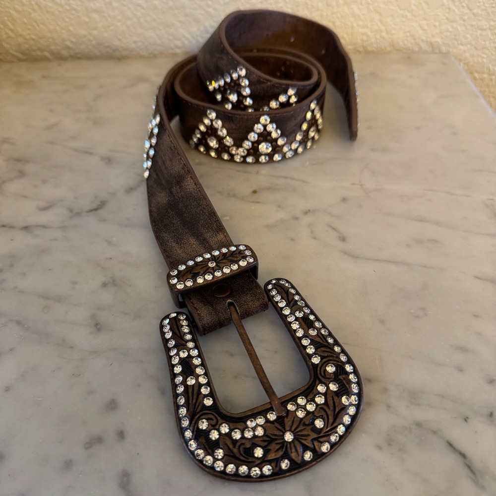 Brown Genuine Leather Rhinestone Western Belt Engraved Buckle  Cowgirl SM 186